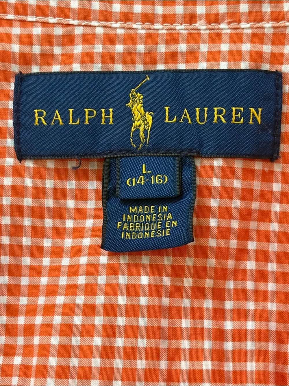 Ralph Lauren Boys L Cotton Poplin Shirt Orange White Gingham Button Down Preppy